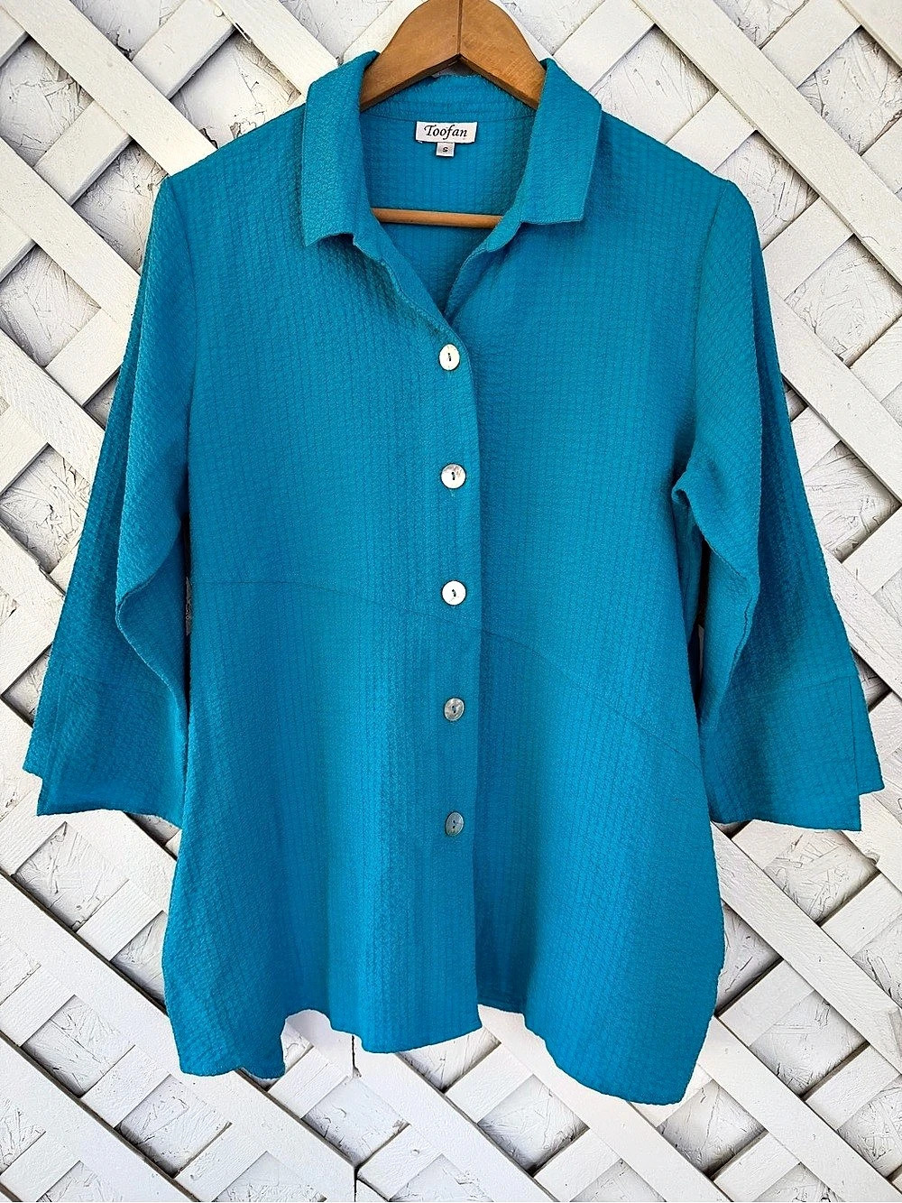 Toofan Textured Button Front Tunic Top Mother Pearl Buttons Blue Small